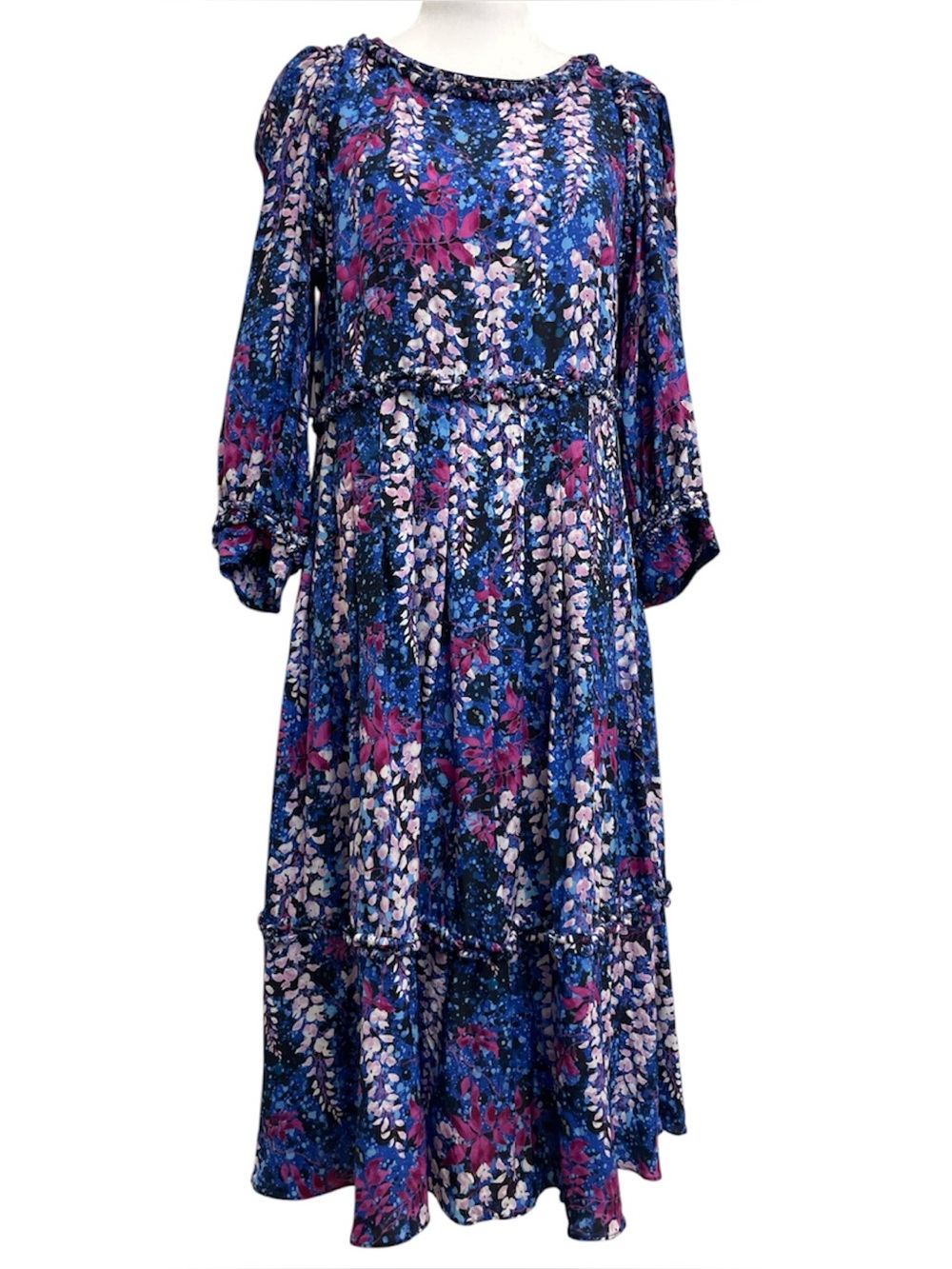 DYVNA Blue Floral Silk Blend Long Sleeve Tiered Midi Dress